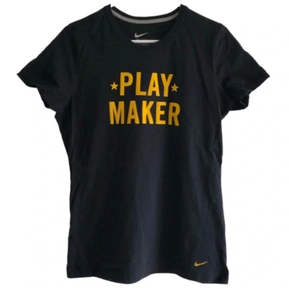 Nike *Play Maker* Slim Fit Women’s T-shirt in black & yellow felt text in medium - Picture 1 of 6